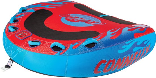 Rode en blauwe opblaasbare towable tube met vlammenprint en 6 handvatten.