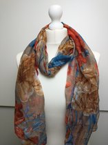 Lange dames sjaal Ulrike bloemenmotief bruin blauw rood wit