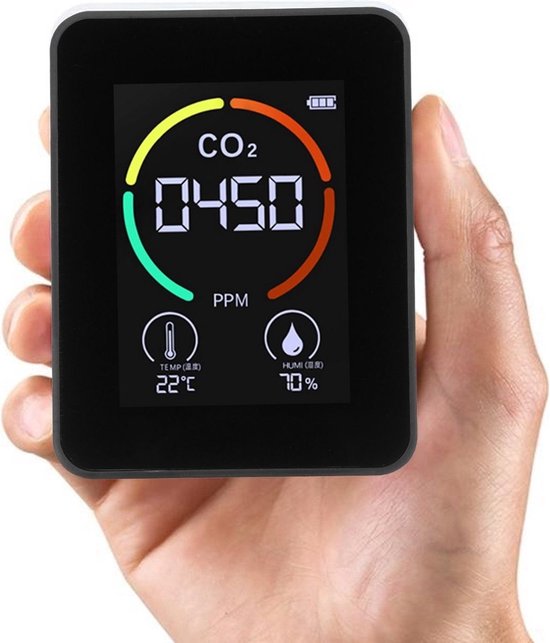 MyMotion® 3 in 1 CO2-Meter, Melder & Monitor - Thermometer - Hygrometer Binnen - Draagbaar en Oplaadbaar - Zwart