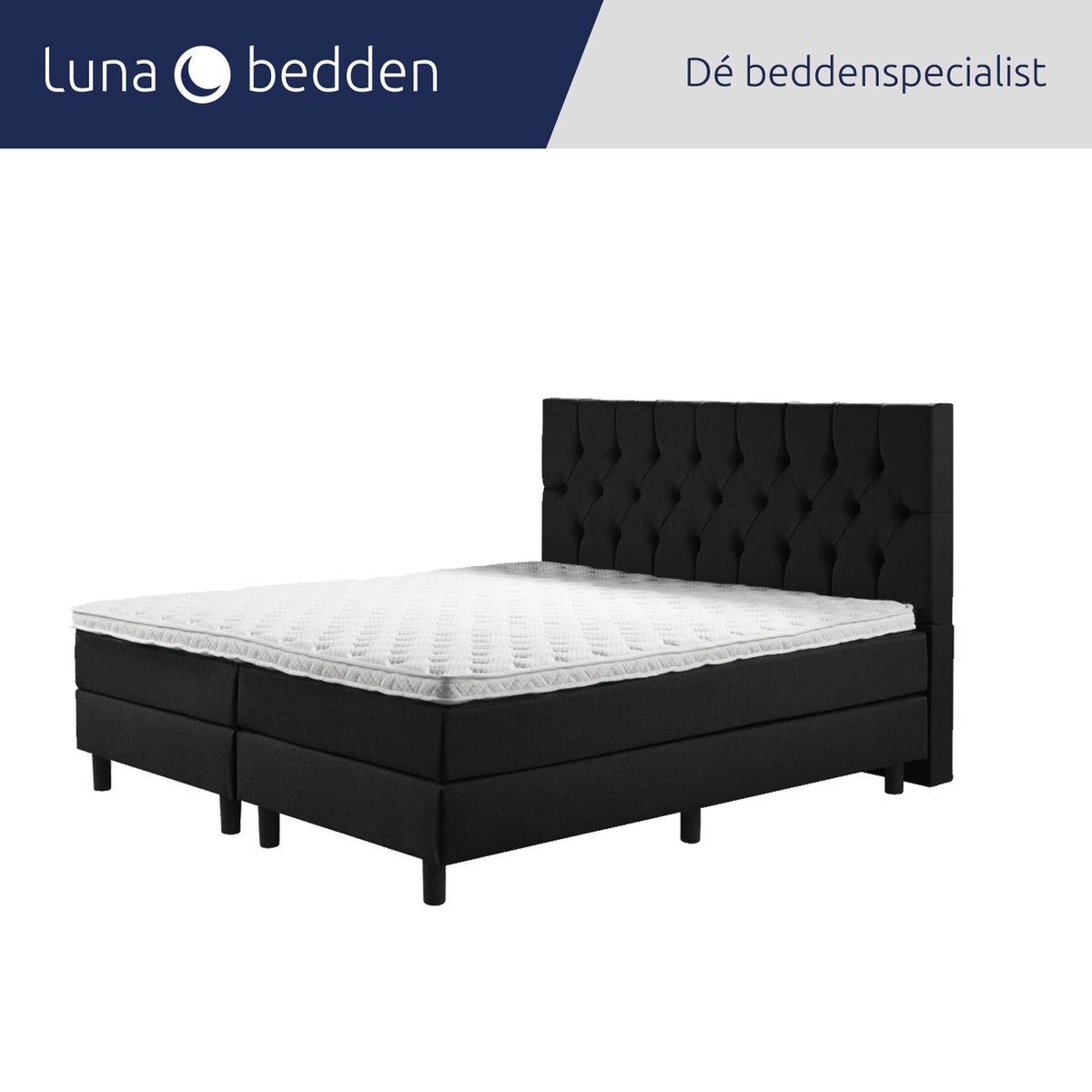 Luna Bedden - Boxspring Luna - 200x220 Compleet Zwart Gecapitonneerd Bed