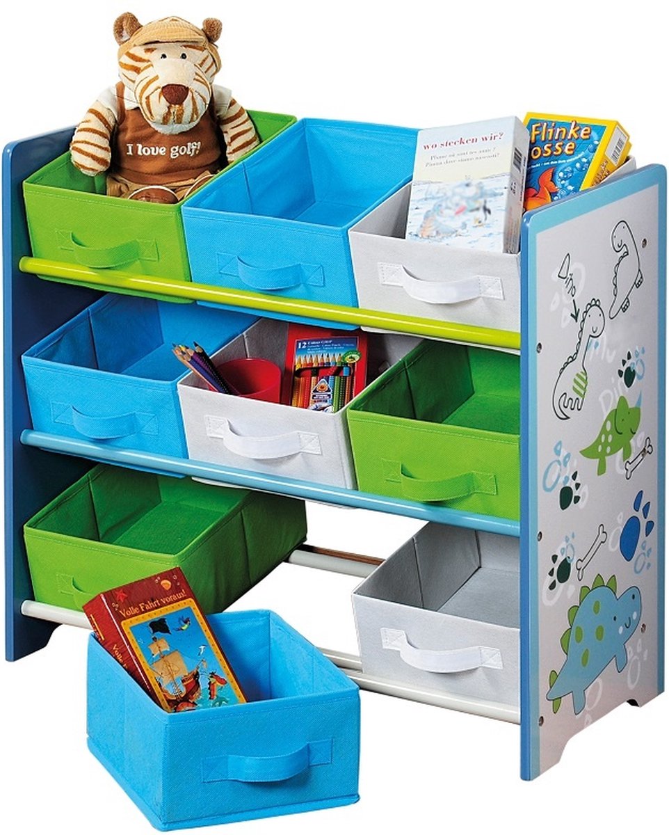 Staand Speelgoedrek / Opbergmeubel met Dinosaurus Motief | Opbergrek voor kinderen met 9 Textiele Manden voor het opbergen van speelgoed | Afm: 66 x 30 x 59 Cm. Kleur: Mix Kleuren met Dinosaurus Motief