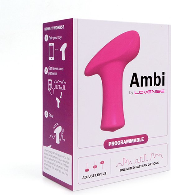 Verpakking van Lovense Ambi vibrator met productafbeelding, instructies 'HOW IT WORKS?' en details.
