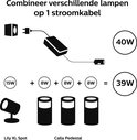Diagram toont hoe verschillende lampen (Lily XL Spot, Calla Pedestal) op 1 kabel aan te sluiten.