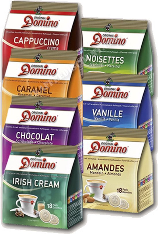 Domino Proefpakket Amandel, Caramel, Cappuccino, Chocolat, Irish Cream, Noisettes en Vanille - Koffiepads - 7 x 18 pads