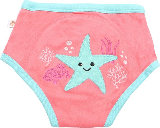 Roze oefenbroekje met blauwe bies en een zeester met koraal.