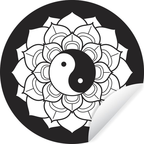 WallCircle - Muurstickers - Behangcirkel - Zwart-wit illustratie van een Lotus met het Yin en Yang symbool - 100x100 cm - Muurcirkel - Zelfklevend - Ronde Behangsticker XXL