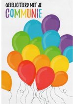 Gefeliciteerd met je communie! Een kleurrijke wenskaart met gekleurde ballonnen. Een dubbele wenkaart inclusief envelop en in folie verpakt.