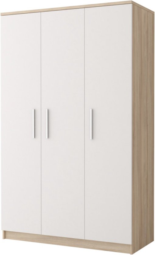 InspireMe-Kledingkast Garderobekast met planken en kledingstang – 3 deuren – ( 120cm -50cm- 193cm) – SONOMA+WIT – MARSALA 3D