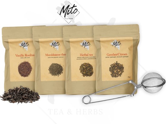Mito Tea - Losse Thee - Deluxe Theepakket - Proefpakket Met 4 Verschillende Losse Thee * Special Taste * 4X 25 Gram - Vanille/Rooibos - Marokkaanse Thee - Herbal Tea - Citroen/Gember - Random -Voorzien Van De Beste Ingrediënten