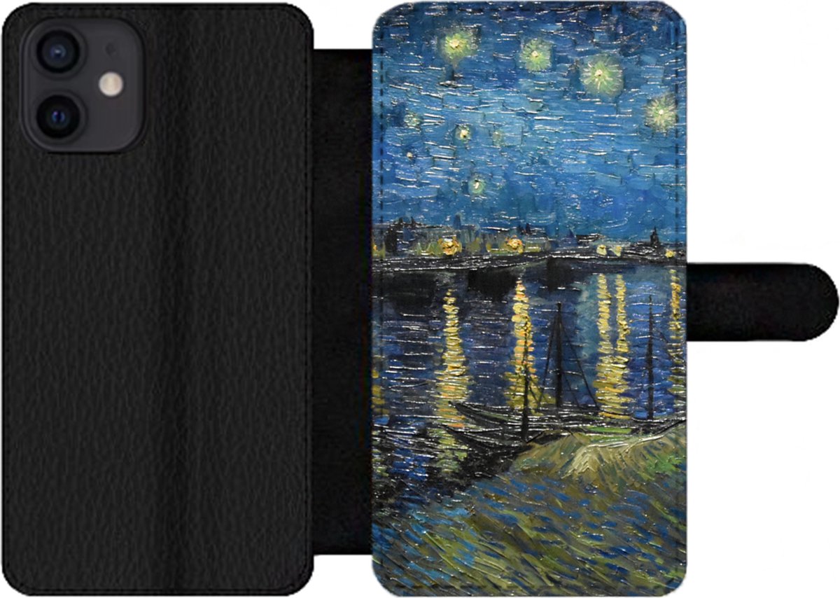 Telefoonhoesje Geschikt voor iPhone 12 telefoonhoesje - Sterrennacht boven de Rhône - Van Gogh - Kunst - Met vakjes - Wallet case met magneetsluiting