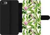 Bookcase Geschikt voor iPhone SE 2020 telefoonhoesje - Flamingo - Bladeren - Patronen - Met vakjes - Wallet case met magneetsluiting