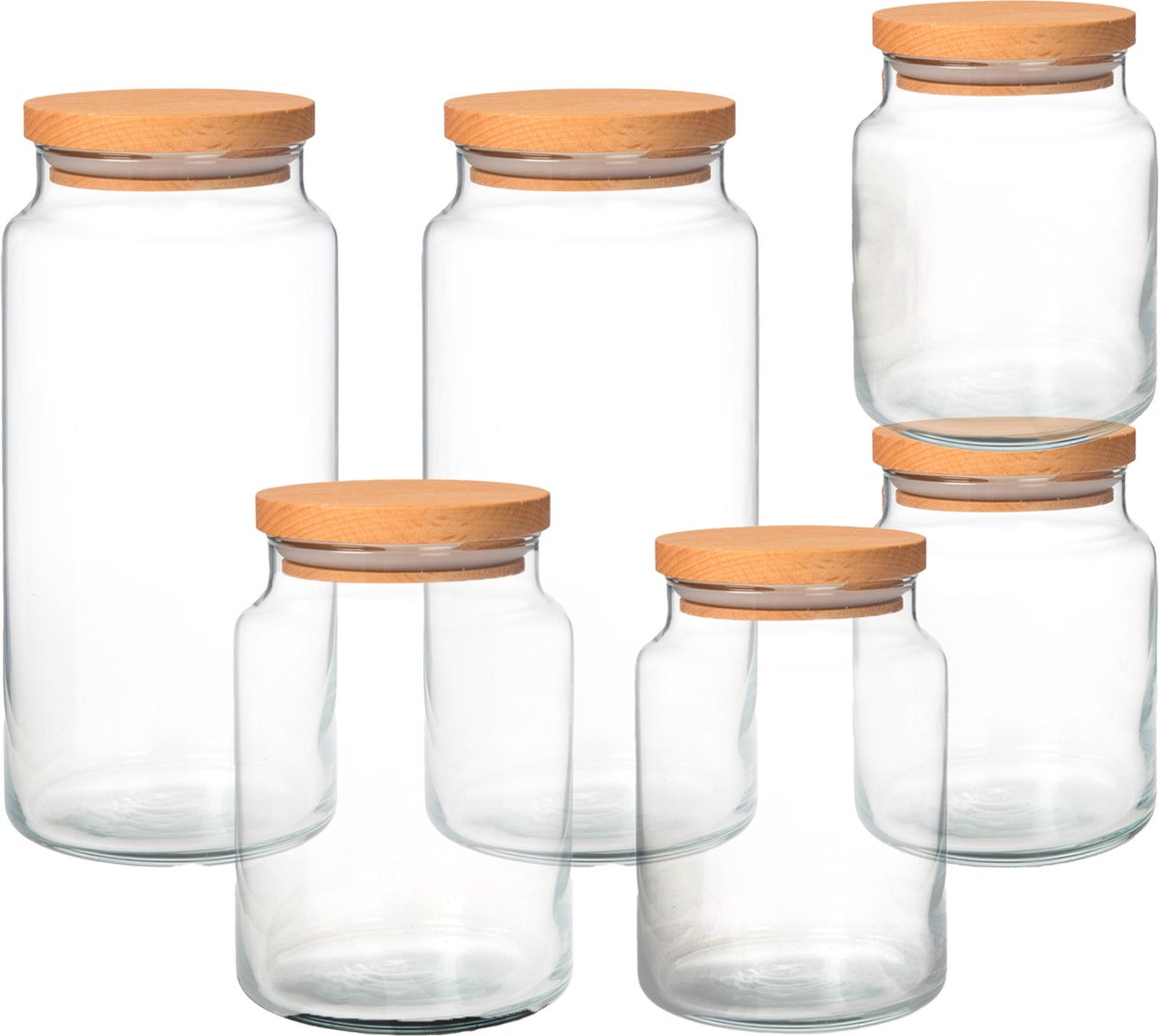 Joy Kitchen glazen voorraadpotten combinatie | Set van 6 potten | houten lucht afsluitende ronde deksels | voorraadpotten glas met deksel | voorraadpotten glas | voorraadpot | keuken voorraad organizer | duurzame hersluitbare voorraadpotten