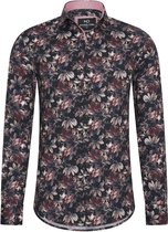 Heren overhemd Lange mouwen - MarshallDenim - Zwart met rood en beige bloemenprint- Slim fit met stretch - maat S