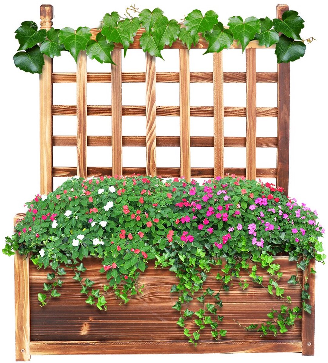 COSTWAY Bloempot met rankrooster, verhoogd bed met latwerk, klimplantenbak, zelfbewatering, 40 x 40 x 122 cm
