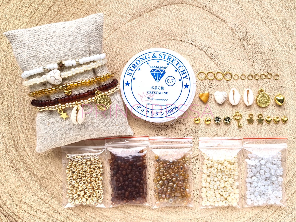 Zelf sieraden maken kralen pakket - Armbandjes - 4mm kraal - Goud, oker, bruin, ivoor - DIY