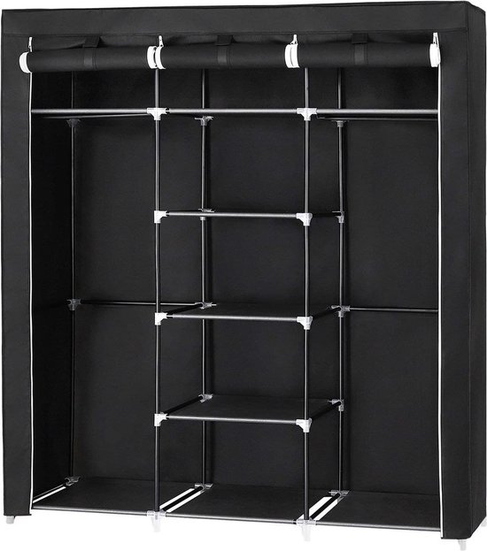 Life's Green KM2Z XXL Opvouwbare Kledingkast - 9 Legplanken en 2 ophangstangen - Stalen Frame met 200kg Draagkracht - Stoffen Garderobekast– Stevige kast kamperen - Ruimtebesparende Kleerkast - Opbergkast - Duurzaam Legkast - 150x45x175CM - Zwart — afbeelding 5
