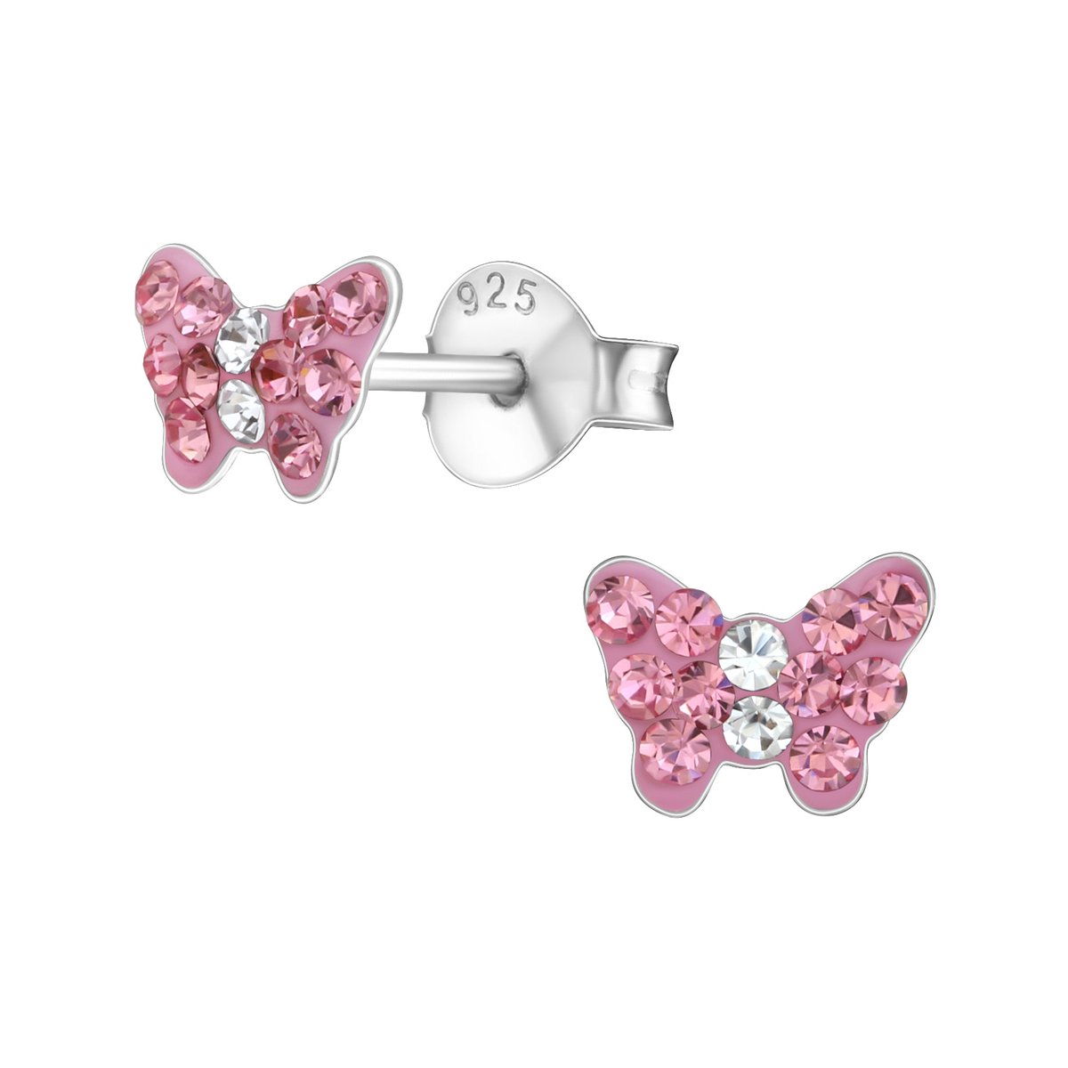 zilveren kinderoorbellen vlinder roze 24 kristal small | Oorknopjes Meisje Zilver | Zilverana | Sterling 925 Silver