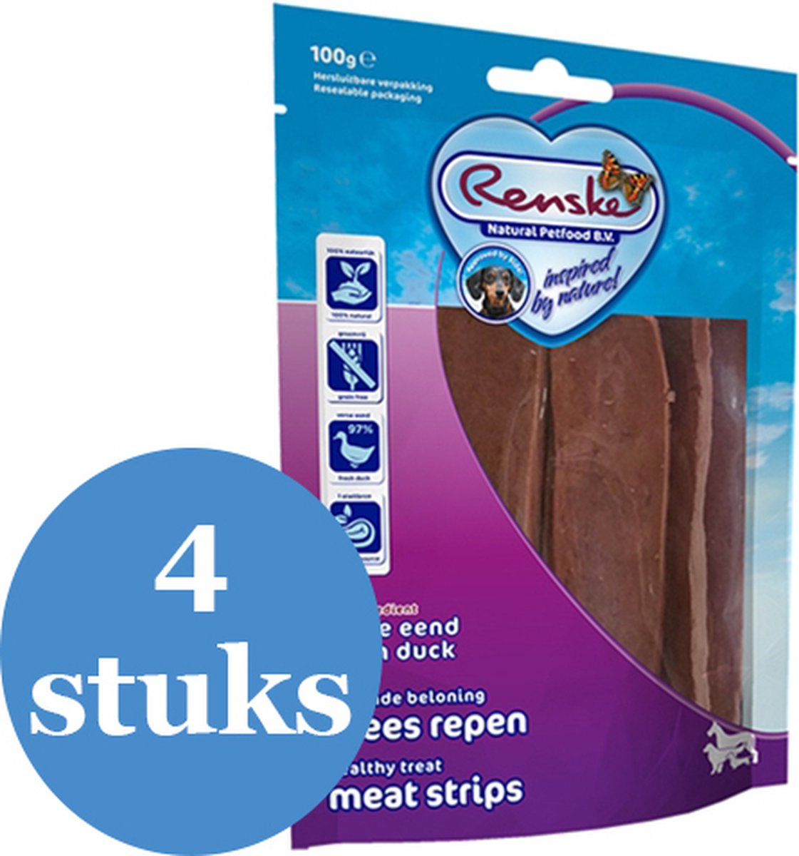 Renske Gezonde Beloning Vlees Strip Eend Hondensnack - 4 x 100 g