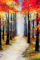 JJ-Art (Canvas) | Bos, bomen en pad in abstracte olieverf look, woonkamer - slaapkamer | felle kleuren, landschap, natuur, herfst, oranje, rood, groen, modern | Foto-Schilderij print op Canva