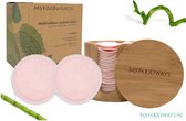 16x Roze Herbruikbare Wattenschijfjes + Bamboe Houder | Inclusief Gratis Waszakje | Duurzaam cadeau - Zero Waste Wasbare Wattenschijfjes | Make-up Pads