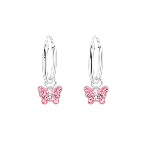 zilveren kinderoorbellen hangend vlinder kristal roze small | 24 kristal | Oorringen Meisje Zilver | Zilverana | Sterling 925 Silver