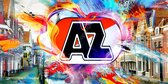 JJ-Art (Canvas) | AZ Alkmaar logo, huizen, gracht - woonkamer - slaapkamer | voetbal, abstract, sport, embleem, toren, sfeer, modern | Foto schilderij print (wanddecoratie) | 120x6