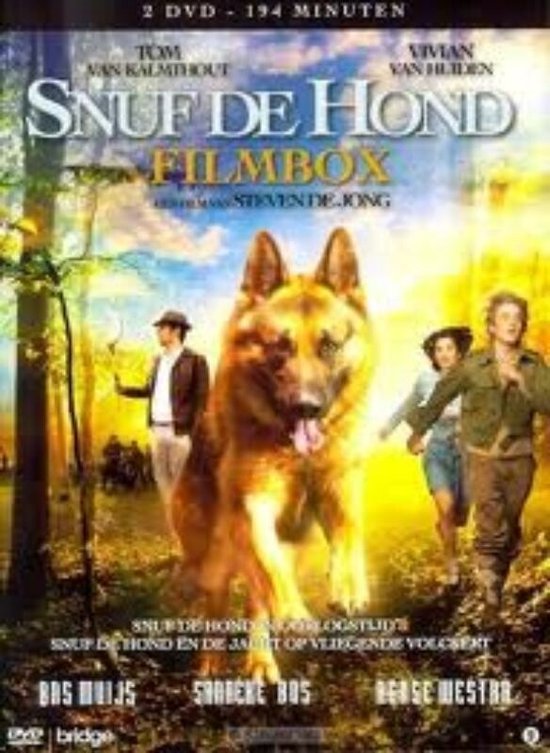 Filmbox poster van Snuf de Hond met een Duitse herder op de voorgrond en acteurs op de achtergrond.