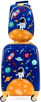 MEUBELEXPERT- Kids 18" koffer en 12" rugzak handbagage in Astronaut Design met 4 wielen en verstelbare handgreep Donkerblauw