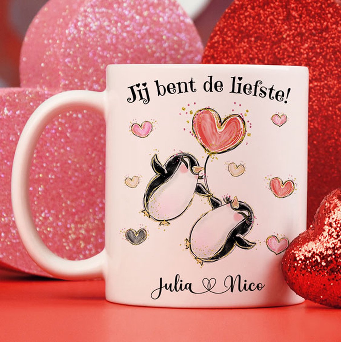 Penguins Love Mok - Beker - Valentijnscadeau - Mok met namen - Valentijn - Gratis Inpak Service