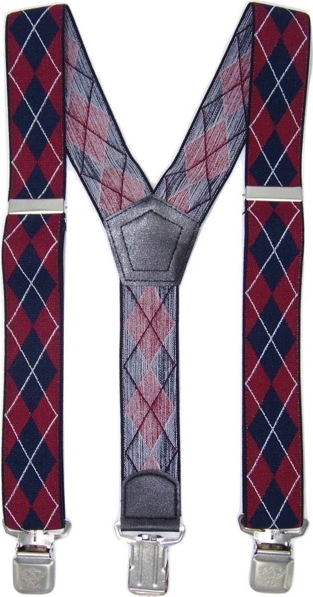 Bretels Rood/Wit/Blauw ruit met stevige sterke brede stalen clips