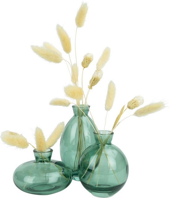 QUVIO Vases set de 3 - Vase pour fleurs séchées - Vase en Verres - Vase à fleurs - Accessoires de maison pour la maison pour fleurs et bouquets - Accessoires décoratifs déco - Glas - Vert transparent - 7 x 12 cm (dxh)