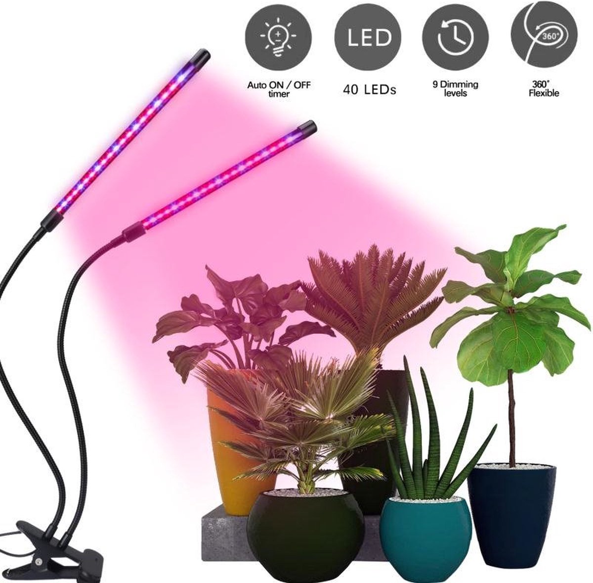 2 Armige Grow Groei Klemspot Bloeilamp 4 Lamps Kweeklamp LED Strip Kweeklamp LED voor planten - Moestuin - Automatische Timer - Plantenverzorging - Full Spectrum Rood (620-630nm)/Blauw (460-470nm)