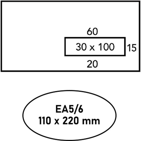 Schema van een envelop met afmetingen: 110 x 220 mm. Venstermaat: 30 x 100 mm.