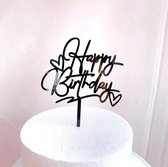 Taart Decoratie - Happy Birthday - Taarttopper - Acryl - Zwart - Hartjes