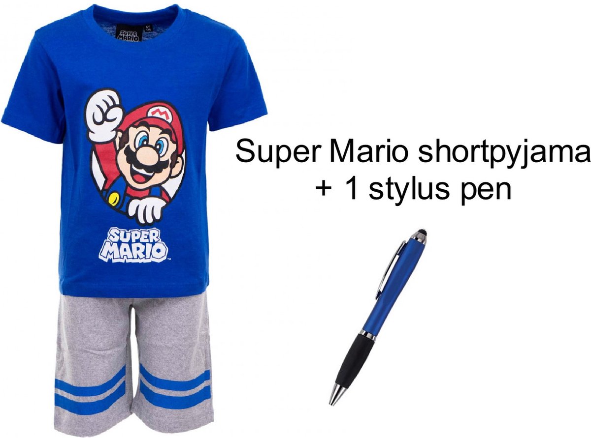 Super Mario Bross Short Pyjama - Koningsblauw/melegrijs - 100% Katoen. Maat 116 cm / 6 jaar + EXTRA 1 Stylus Pen.