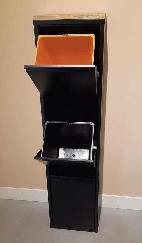 Poubelle - tri des déchets - 3 compartiments - 48L au total - panneau chêne-noir