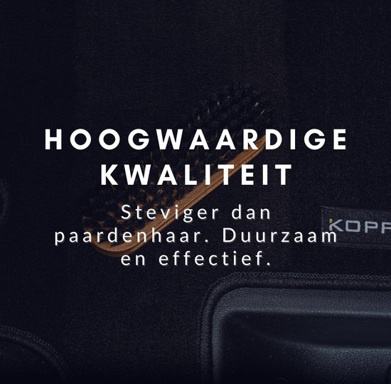 Brosse à manche en bois et poils noirs, avec le texte "HAUTE QUALITÉ Plus solide que le crin. Durable et efficace."