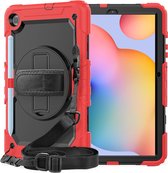 Geschikt Voor: Samsung Tab S6 Lite 10.4 P610 Tablet Kids case - Armor Case - Schermbeschermer - ShockProof - Handstrap - met Schouderband - Zwart / Rood - ZT Accessoires
