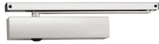 Zilverkleurige deurdranger TS5000 van Geze met zilverkleurige arm gemonteerd aan de bovenzijde.