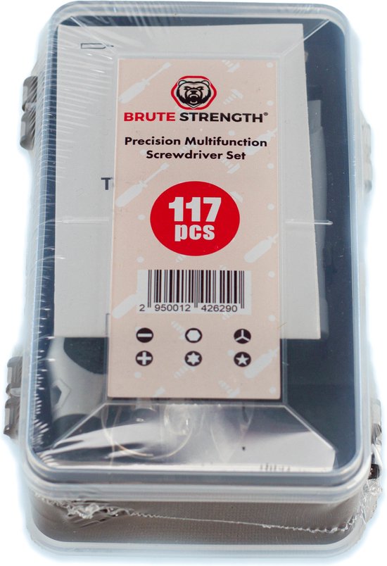 Gesloten Brute Strength precisie multifunctionele schroevendraaierset van 117 onderdelen in plastic verpakking.