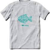 I Love Fishing - Vissen T-Shirt | Aqua | Grappig Verjaardag Vis Hobby Cadeau Shirt | Dames - Heren - Unisex | Tshirt Hengelsport Kleding Kado - Licht Grijs - Gemaleerd - S