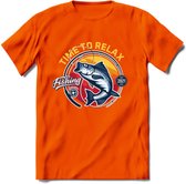 Time To Relax - Vissen T-Shirt | Grappig Verjaardag Vis Hobby Cadeau Shirt | Dames - Heren - Unisex | Tshirt Hengelsport Kleding Kado - Oranje - 3XL