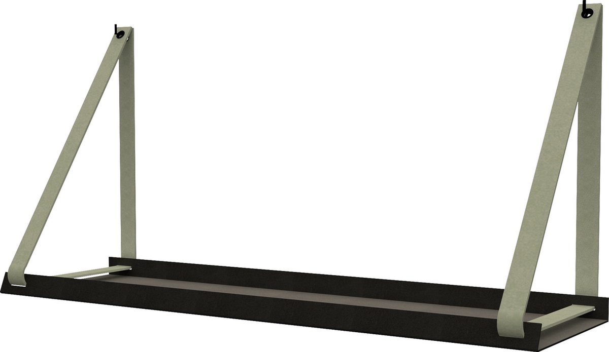 Handles and more - Stalen wandplank zwart 70cm + leren plankdragers Suede Jade