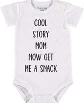 Baby Rompertje met tekst 'Cool story mom, now get me a snack' |Korte mouw l | wit zwart | maat 50/56 | cadeau | Kraamcadeau | Kraamkado