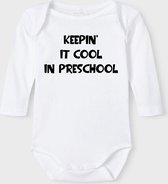 Baby Rompertje met tekst 'Keepin it cool in preschool' |Lange mouw l | wit zwart | maat 50/56 | cadeau | Kraamcadeau | Kraamkado