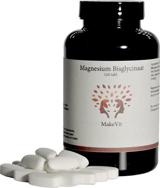 MakeVit Magnesium 120 tabletten 200 mg Bisglycinaat Albion en Citraat bol