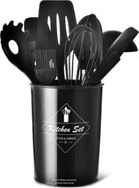 Kookgerei set met Houder 11-delig - Keukengerei Siliconen Set Zwart met hout - kitchenset - Keukengerei