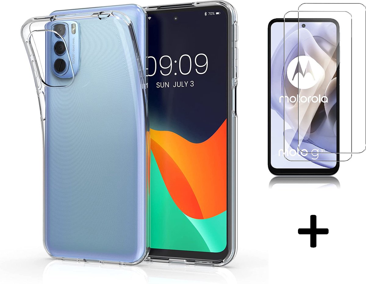 HB Hoesje Geschikt voor Motorola Moto G51 Transparant & 2X Glazen Screenprotector - Siliconen Back Cover