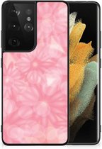 Silicone Back Case Geschikt voor Samsung Galaxy S21 Ultra Telefoon Hoesje met Zwarte rand Lente Bloemen