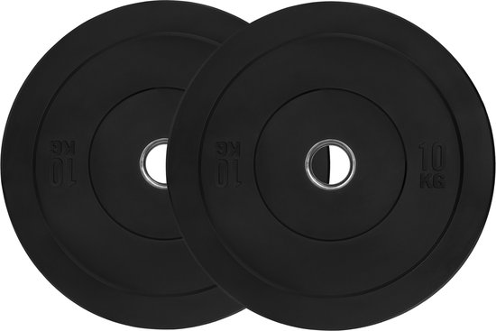 RYZOR Halterschijven set van 2 x 10 kg - Gewichtschijven - Bumper plates - Bankdrukken - Halterset – Halterschijf 10 kg - Gewichten set voor halterstangen - Geschikt voor Olympische halterstang met diameter 50 mm - Rubber- Zwart